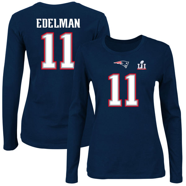 Julian Edelman New England Patriots Majestic Women's Super Bowl LI Bound Fair Catch Patch Name & Number Long Sleeve T-Shirt - Navy